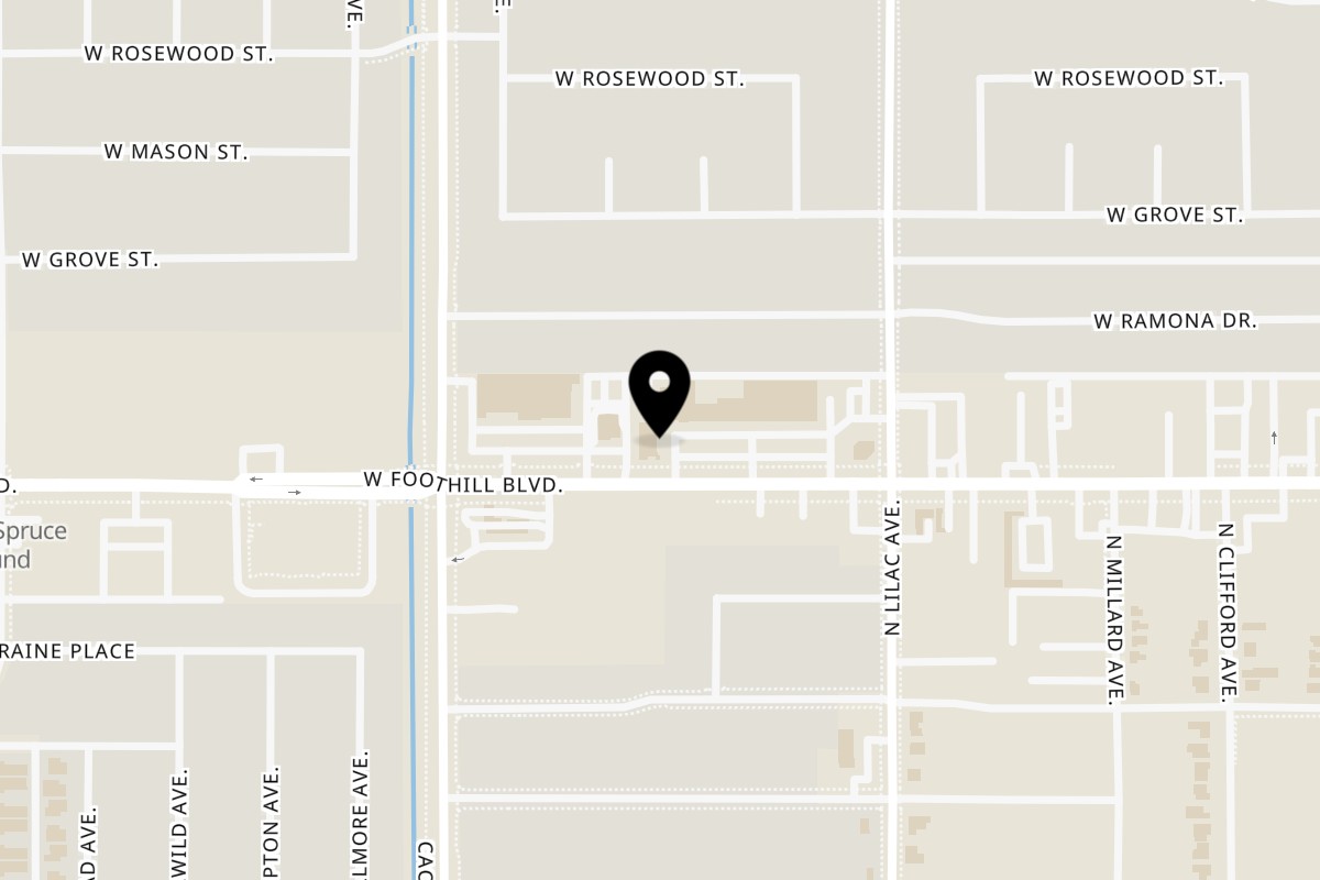 Map showing the location of Big T's Pizza Rialto on 588 W Foothill Blvd in Rialto