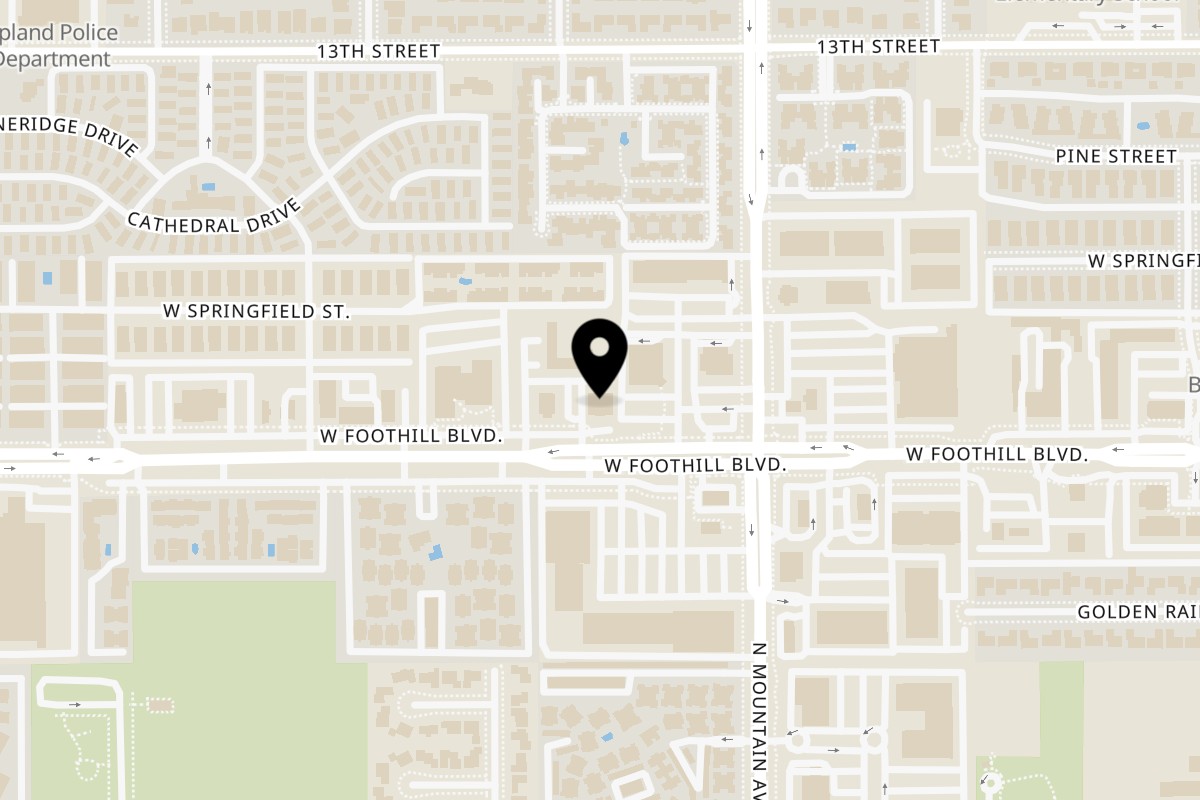 Map showing the location of Big T's Pizza Upland on 1261 W Foothill Blvd A in Upland